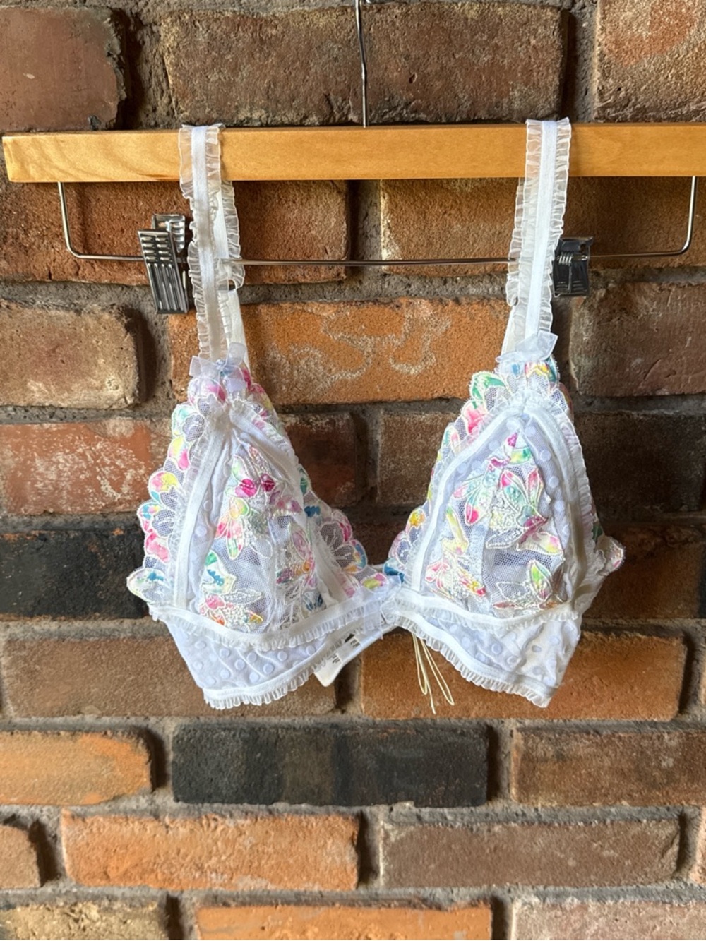For Love And Lemons White Lace Bralette with Pastel Embroidery